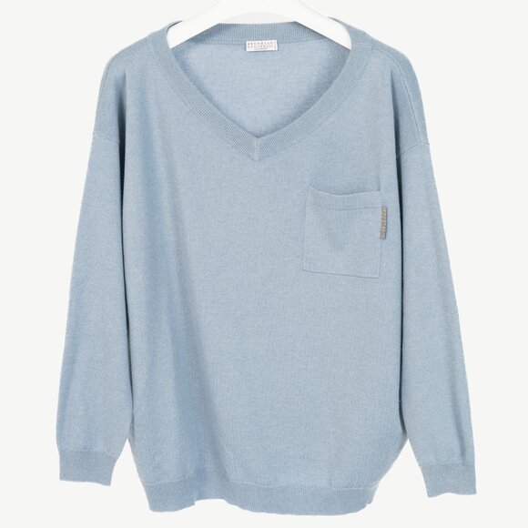 Brunello Cucinelli Blue Cashmere Monili-Pocket Sweater - Picture 2 of 9